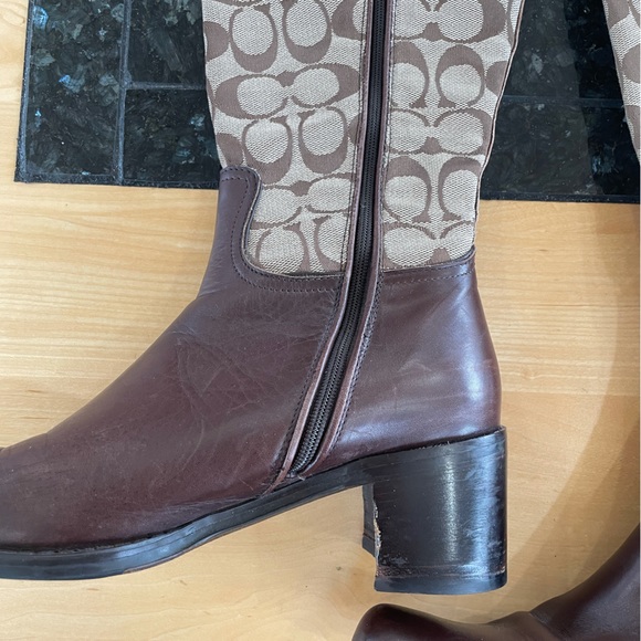 Coach Olivia P156 G2 Tall Heeled Boot Logo Signature Jacquard Brown Leather 7.5 - Picture 7 of 16